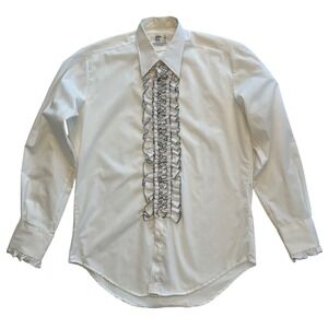 After Six Men's White Black Ruffle Front Tuxedo Shirt Vintage Retro Disco Size M